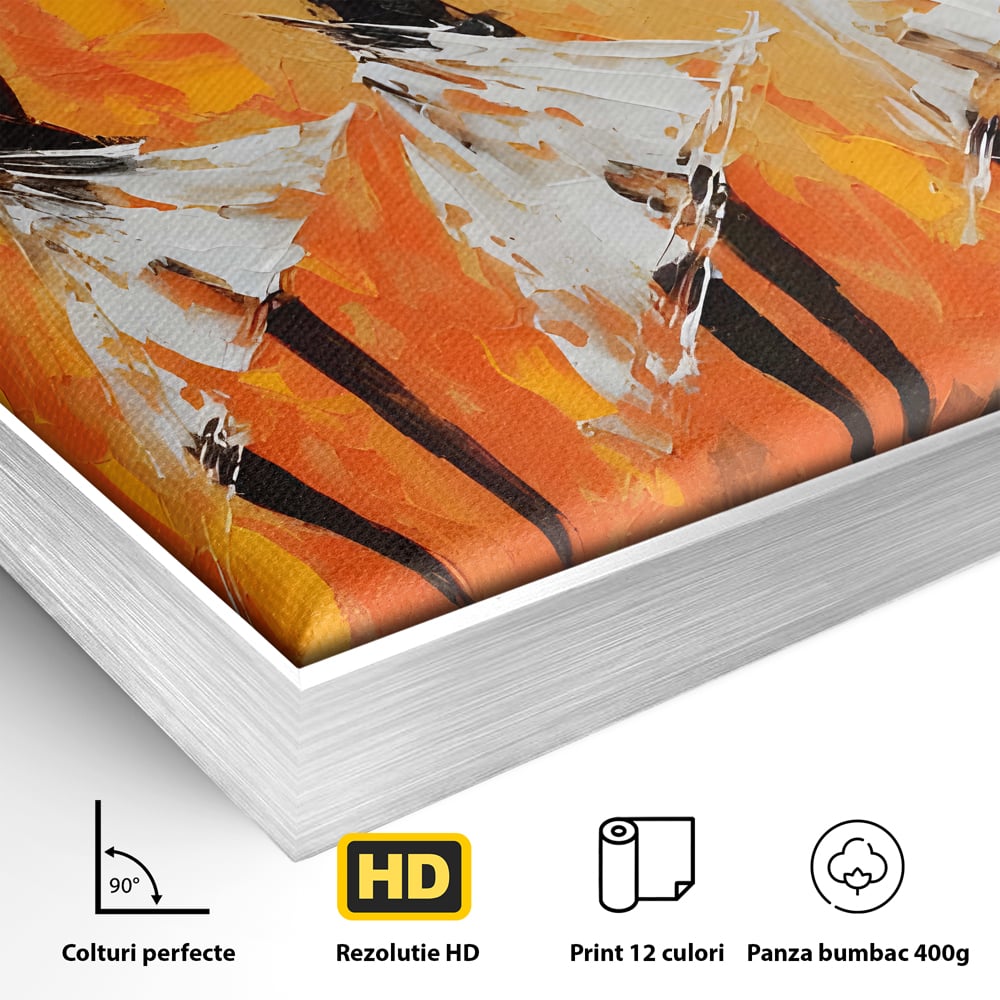 Detaliu al suprafetei: tablou canvas cu trei dansatoare africane, in rama de aluminiu argintiu